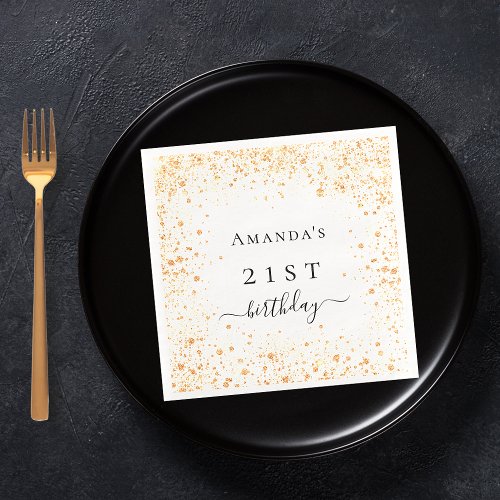 Birthday white gold glitter dust photo name napkins