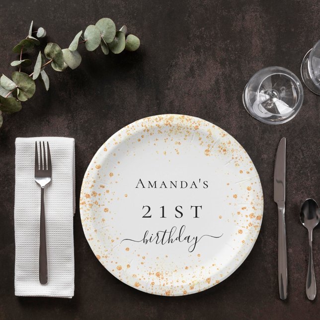 Birthday white gold glitter dust photo name paper plates (Creator Uploaded)