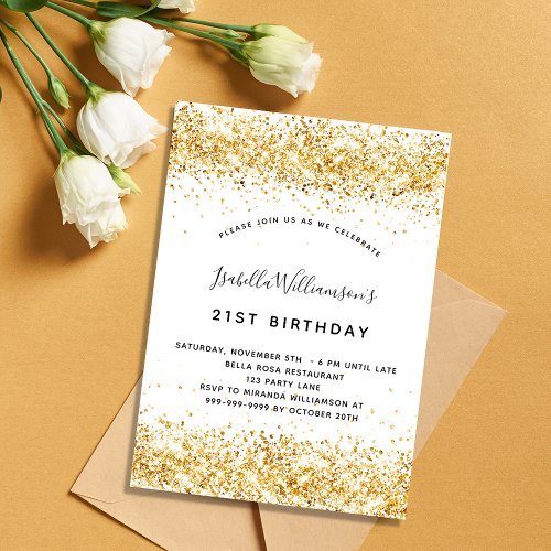 Birthday white gold glitter elegant invitation