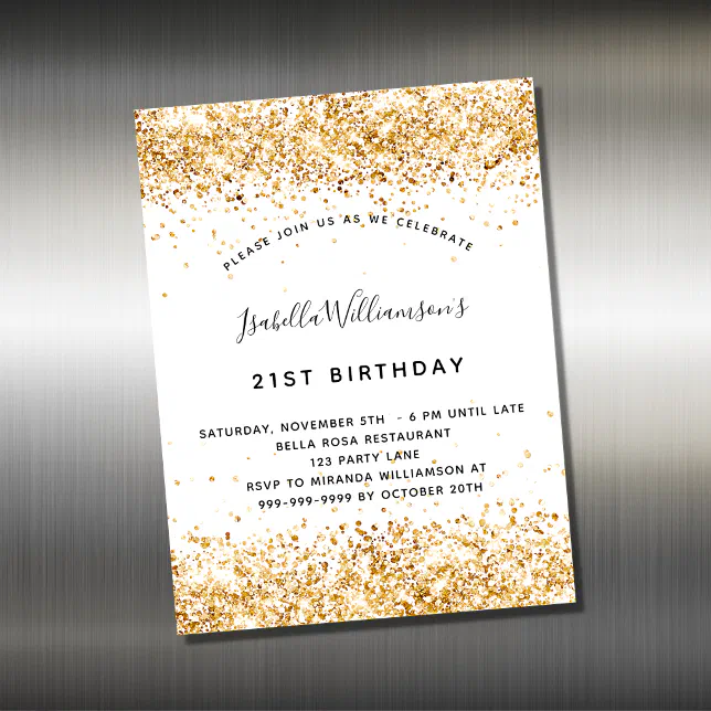 Birthday white gold glitter invitation magnet | Zazzle