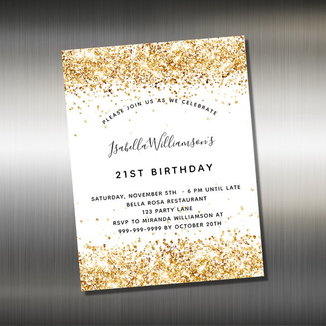 Birthday white gold glitter invitation magnet (Creator Uploaded)