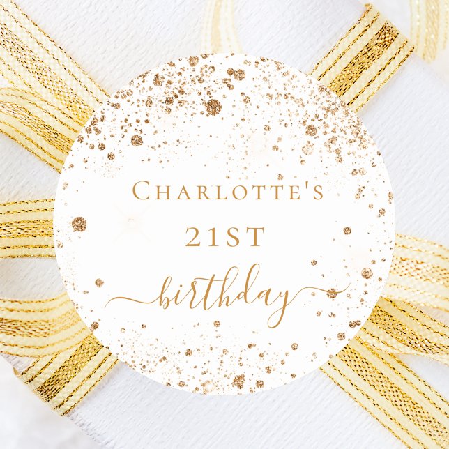 Birthday white gold glitter monogram script favor classic round sticker (Creator Uploaded)