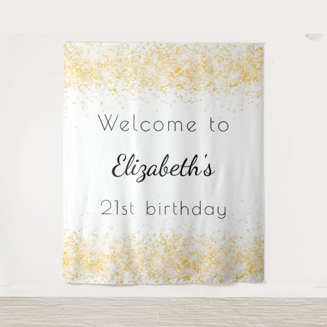 Birthday white gold glitter name elegant welcome tapestry (Front)