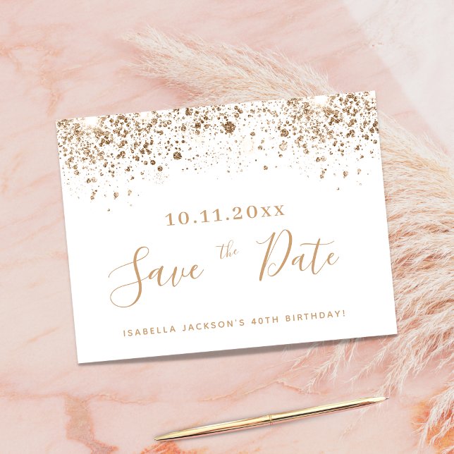 Birthday white gold glitter save the date announcement postcard