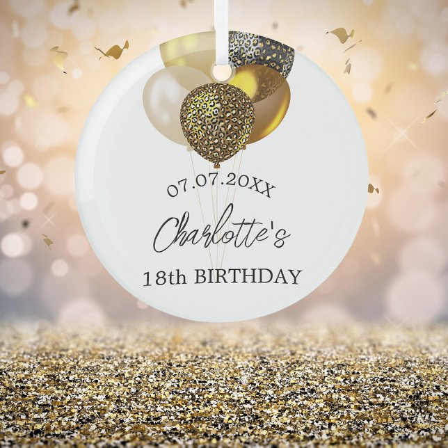 Birthday white gold leopard balloons name glass ornament (Creator Uploaded)