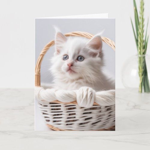 Birthday White Kitten In a Basket Card