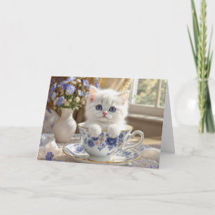 Birthday White Kitten In a Teacup Card