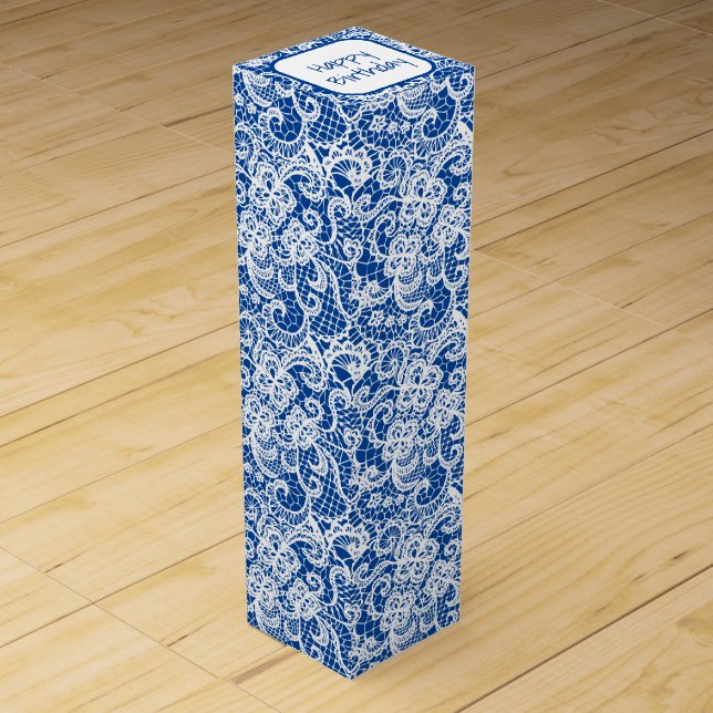 Birthday White Lace on Blue Wine Box (Front)