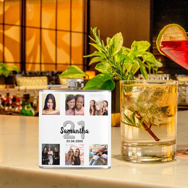 Birthday  white monogram photo collage friends flask (Creator Uploaded)