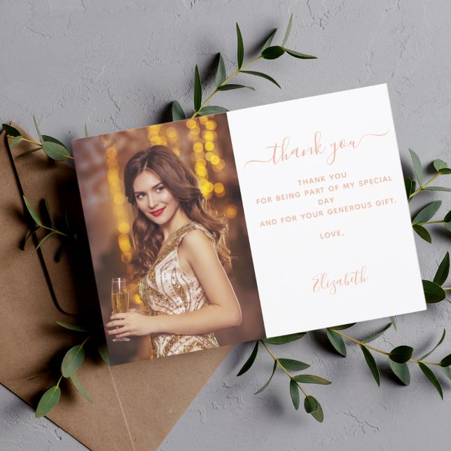 Birthday white peach photo thank you card (Creator Uploaded)