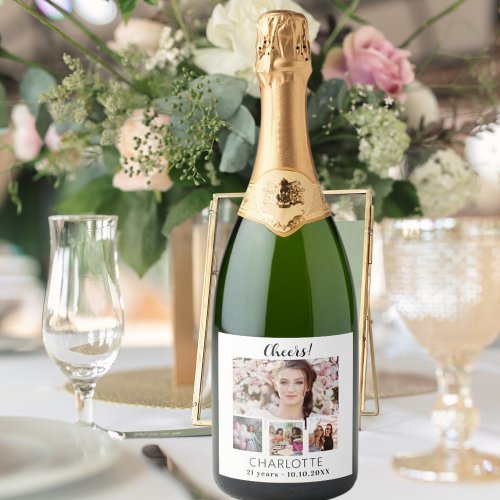 Birthday white photo collage cheers sparkling wine label