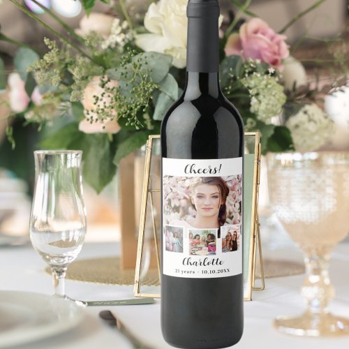 Birthday white photo collage cheers wine label