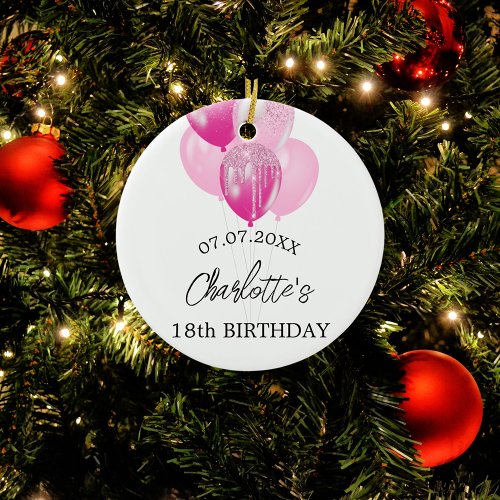 Birthday white pink balloons name ceramic ornament