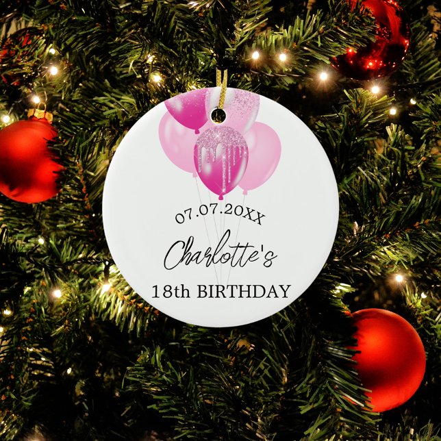 Birthday white pink balloons name ceramic ornament (Creator Uploaded)