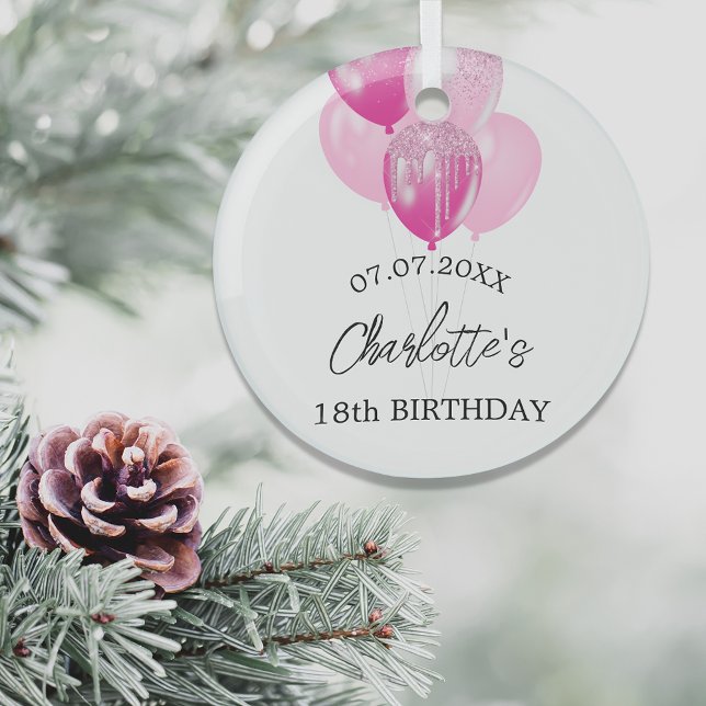 Birthday white pink balloons name glass ornament (Creator Uploaded)