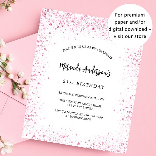 Birthday white pink glitter chic budget invitation