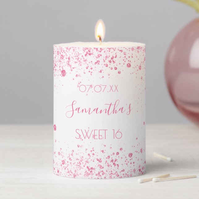 Birthday white pink glitter dust name elegant pillar candle (In Situ)