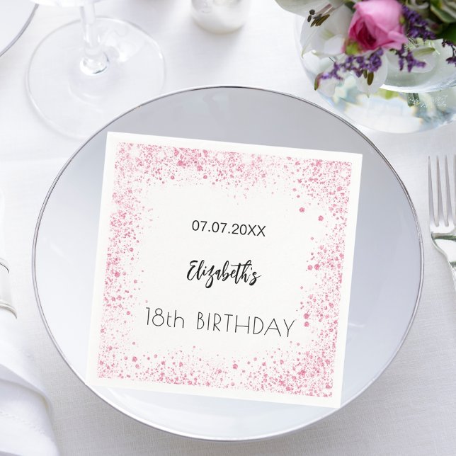 Birthday white pink glitter girl name napkins (Creator Uploaded)