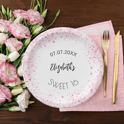 Birthday white pink glitter girl name paper plates