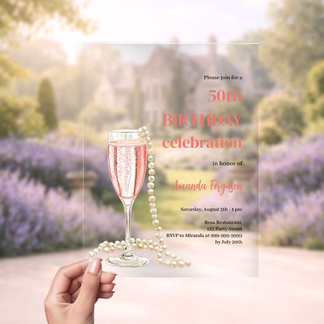 Birthday white pink prosecco pearls clear acrylic invitations (Creator Uploaded)
