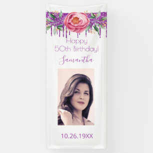 Birthday white pink purple glitter florals photo banner