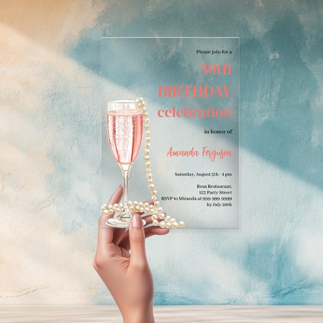 Birthday white pink sparkling wine pearls clear acrylic invitations (Creator Uploaded)