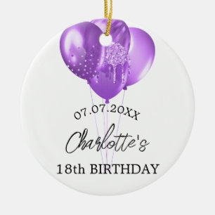 Birthday white purple balloons name ceramic ornament