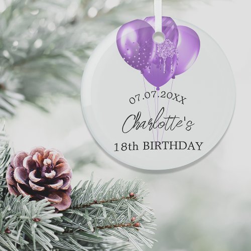 Birthday white purple balloons name glass ornament