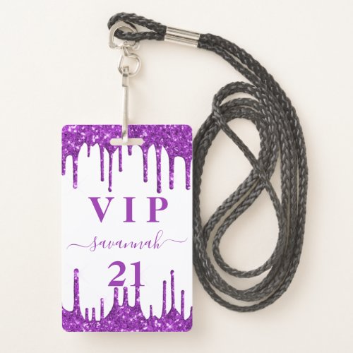 Birthday white purple glitter drips vip invitation badge