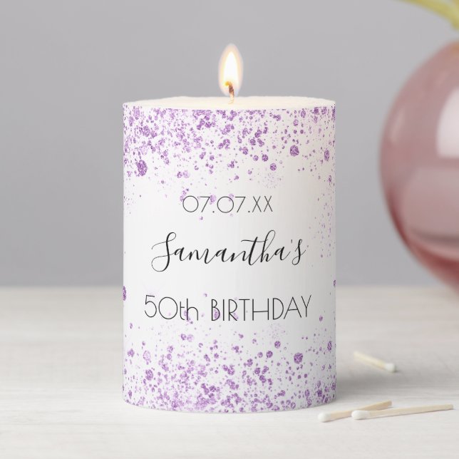 Birthday white purple glitter dust name elegant pillar candle (In Situ)