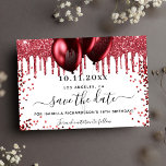 Birthday white red glitter drips balloons save the date<br><div class="desc">A chic white background decorated with red faux glitter drips and balloons.  Personalize and add a date and name/age. The text: Save the Date is written with a large trendy hand lettered style script.</div>