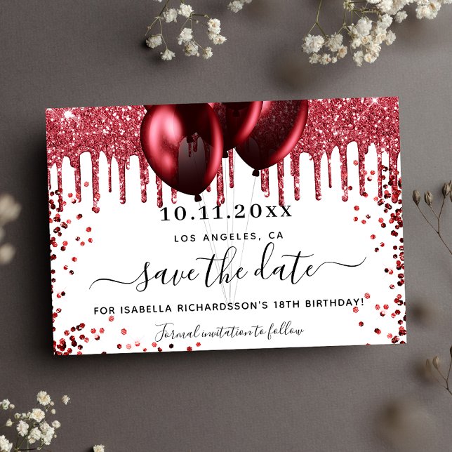 Birthday white red glitter drips balloons save the date (Creator Uploaded)