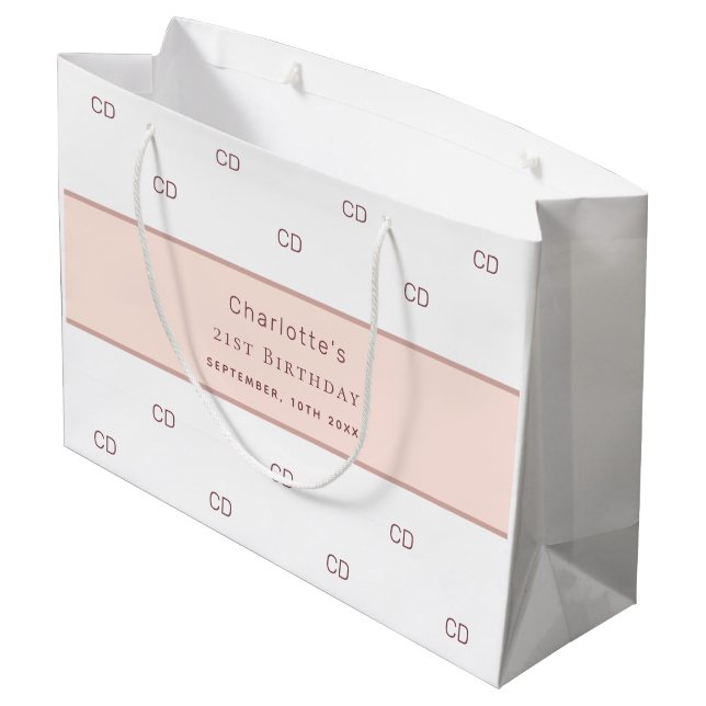 Birthday white rose gold custom monogram modern large gift bag (Back Angled)