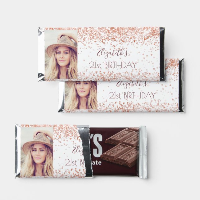 Birthday white rose gold glitter dust photo hershey bar favors (Front)
