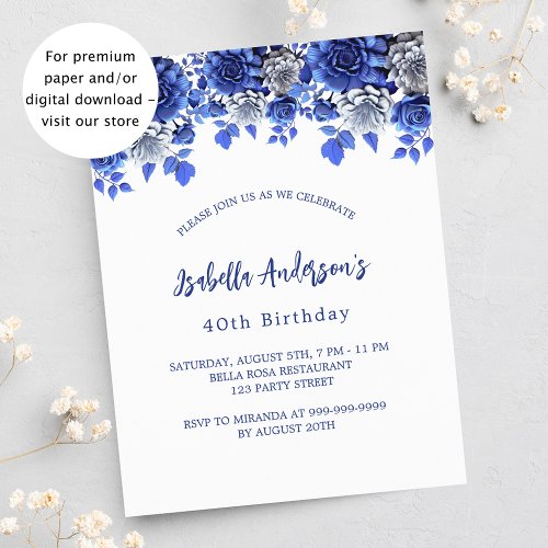 Birthday white royal blue floral budget invitation