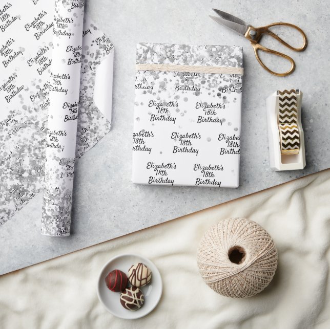 Birthday white silver confetti sparkle name wrapping paper (Crafts)