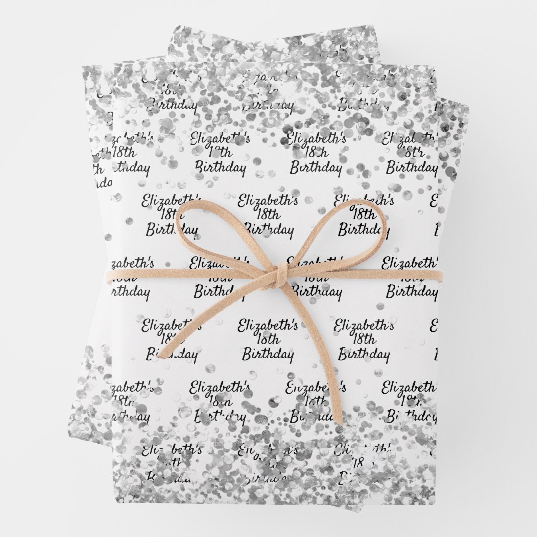 Birthday White Silver Confetti Sparkle Name Wrapping Paper Sheets Zazzle