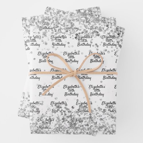 Birthday white silver confetti sparkle name wrapping paper sheets