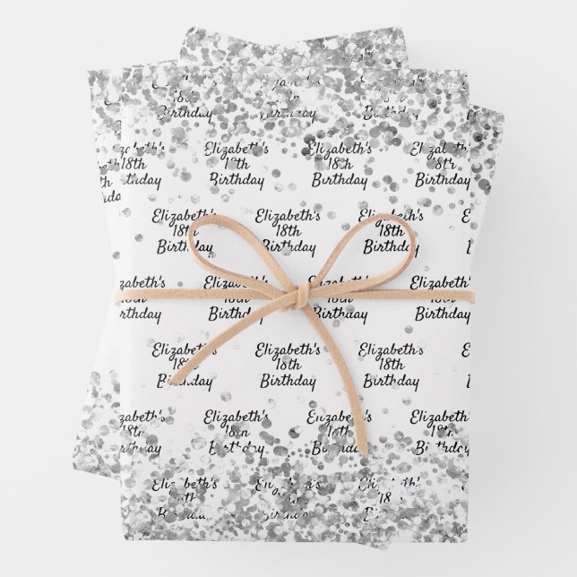 Birthday white silver confetti sparkle name wrapping paper sheets (In situ)