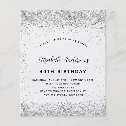 Birthday white silver glitter budget invitation flyer