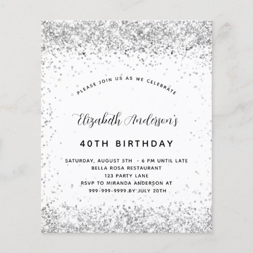 Birthday white silver glitter budget invitation flyer