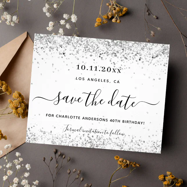 Birthday white silver glitter budget save the date flyer Zazzle