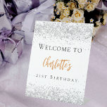 Birthday white silver glitter gold welcome pedestal sign<br><div class="desc">A welcome sign for a girly and glamorous 21st (or any age) birthday party.  A stylish white background decorated with faux silver glitter sparkles.   Personalize and add a name and age 21. Black and golden text.</div>