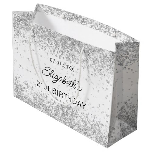 Birthday white silver sparkles name large gift bag