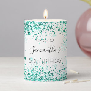 Birthday white teal green glitter name pillar candle