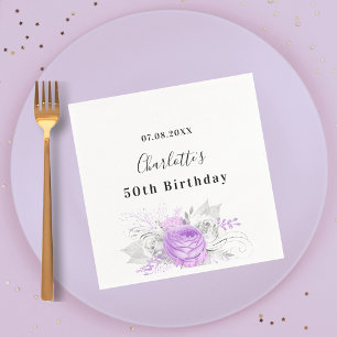 Birthday white violet flowers silver napkins