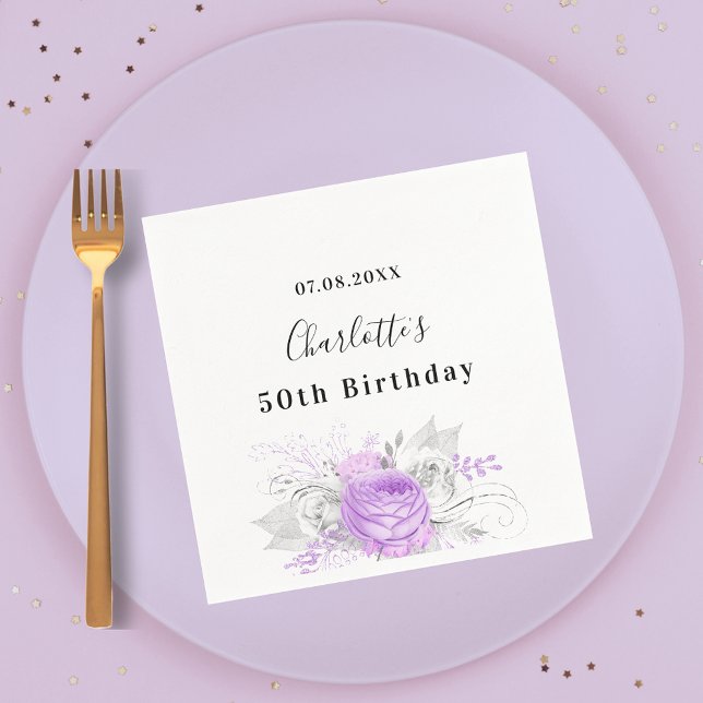 Birthday white violet flowers silver napkins (Creator Uploaded)