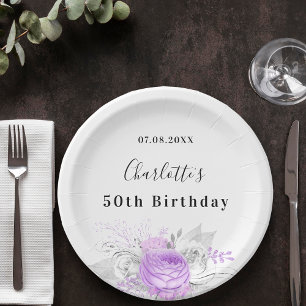 Birthday white violet flowers silver paper plates