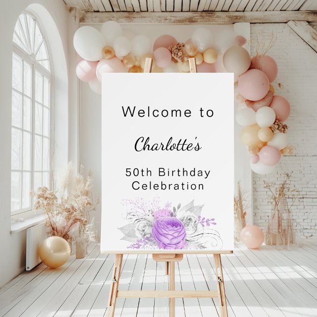 Birthday white violet flowers silver welcome foam board (Creator Uploaded)