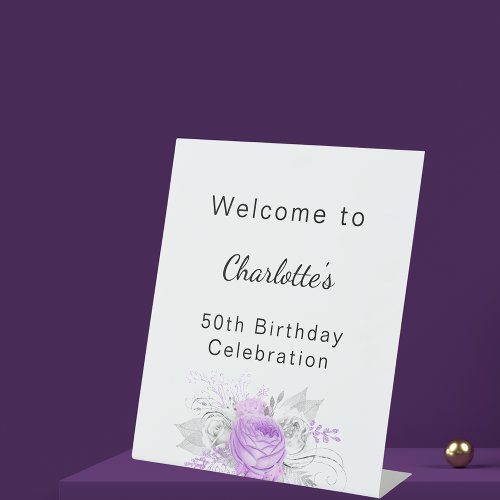 Birthday white violet flowers silver welcome pedestal sign